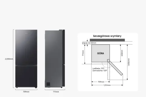 Wymiary lodówki wolnostojącej: wysokość 2030mm, szerokość 759mm, głębokość 711mm. Schemat pokazuje szczegółowe wymiary otwierania drzwi.