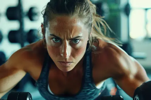 Skupiona kobieta podczas treningu crossfit. Zastanawia się, jakie suplementy wybrać, by osiągnąć jeszcze lepsze wyniki.