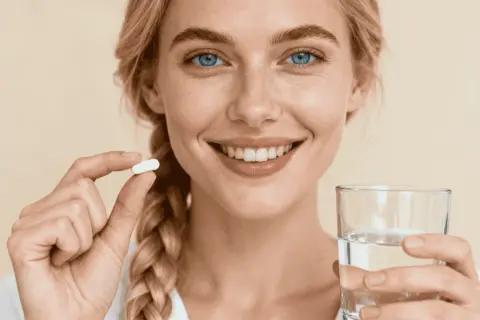 Uśmiechnięta blondynka z niebieskimi oczami trzyma białą kapsułkę i szklankę wody. Zastanawia się, **nac na co** ją przyjąć.