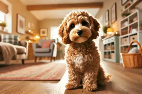 Dolce cane cockapoo seduto su un pavimento di legno in un soggiorno accogliente, con mobili sfocati sullo sfondo.