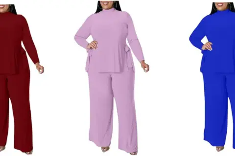 Trzy kobiety w dresach plus size w kolorach bordowym, liliowym i niebieskim.