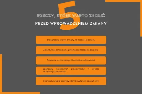 5 rzeczy przed zmianą: analiza wpływu, identyfikacja obaw, przygotowanie odpowiedzi, zaangażowanie kluczowych osób, konsultacja. Przykłady zarządzania zmianą w organizacji.