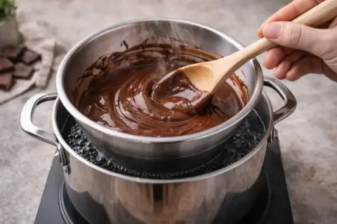 Une main remue du chocolat fondu dans un bol au-dessus d'une casserole d'eau bouillante, technique de cuisson bain-marie pour une texture parfaite.