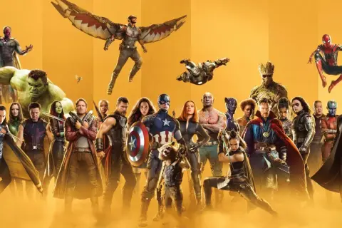 Wielu marvel bohaterów, od Hulka po Kapitana Amerykę, gotowych do walki.