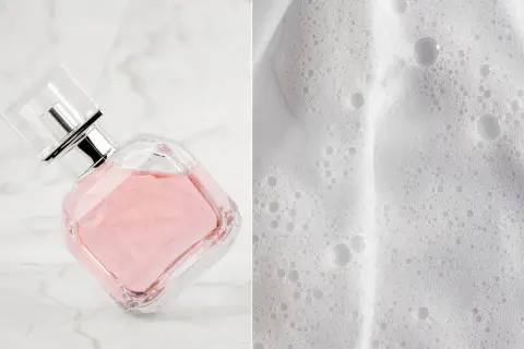 Różowy flakonik perfum i biała, puszysta piana. Jaki może być zapach? Świeży, kwiatowy, lekki jak bąbelki.