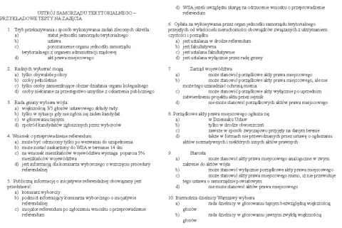 Akty prawa miejscowego: pytania testowe dotyczące ustroju samorządu terytorialnego, w tym referendum i kompetencji organów.