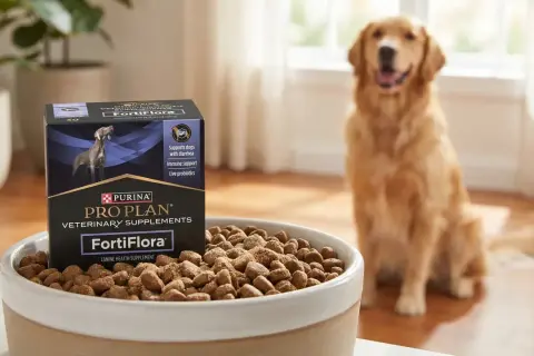 Caja de Pro Plan FortiFlora para perros, que sirve para el apoyo digestivo e inmune. Un golden retriever sonriente espera cerca.