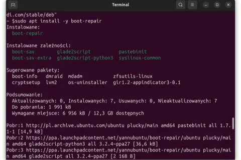 Terminal z instalacją pakietu boot-repair, który może pomóc w naprawie GRUB-a po instalacji Windows.