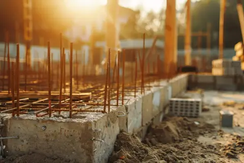 Fundamenty budowy zbrojone prętami, w tle zachodzące słońce. Zastanawiasz się, ile kosztuje kubik betonu na fundamenty?