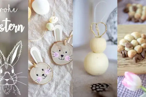 Frohe Ostern! Süße Oster-Bastelideen: Holzscheiben-Hasen, Filz-Osterhase und Schaf-Kekse.