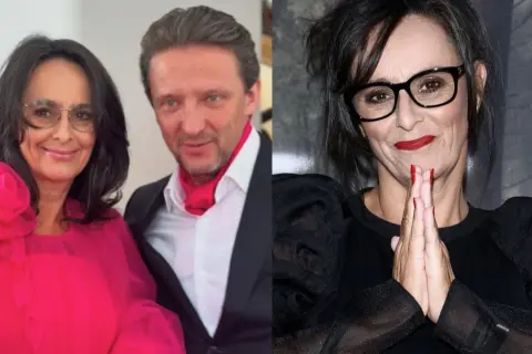 Anna Korcz z mężem na zdjęciu. Aktorka w różowej sukni i jej partner w garniturze z czerwoną apaszką.