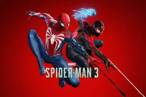 Dwóch Spider-Manów, Peter Parker i Miles Morales, w akcji na tle czerwieni, zapowiada grę Spider-Man 3 na PS5.