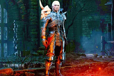 Mroczny nekromanta z Diablo 2, w zbroi z czaszką, gotowy do walki. Jego build opiera się na przywoływaniu armii nieumarłych.