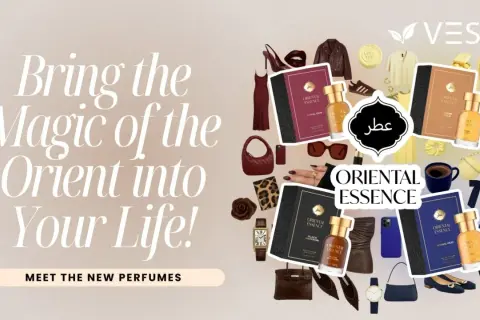 Kolekcja perfum Oriental Essence, inspirowana magią Orientu. Eleganckie flakony, ubrania i akcesoria tworzą luksusową kompozycję.