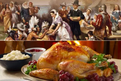 Una escena histórica de la celebración del **dia de accion de gracias en ingles** junto a un pavo asado y puré de patatas.