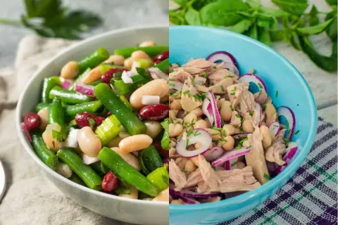 Dos ensaladas: una de alubias blancas con judías verdes y otra con atún, alubias blancas y cebolla morada.
