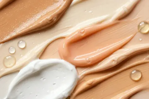 Texturen von cremiger weißer, pfirsichfarbener und beiger Feuchtigkeitscreme mit glänzenden Tropfen.