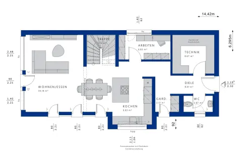 Grundriss eines Traumhauses mit Wohnen/Essen, Kochen, Arbeiten, Diele, WC und Technik.