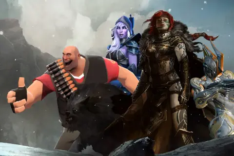 Postacie z gier, w tym Heavy z TF2, w śnieżnym krajobrazie. Idealne do odkrywania darmowych gier na Steam!