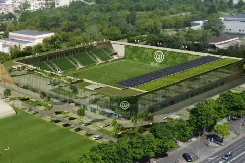 Nowoczesny stadion Warty Poznań z zielonymi dachami, panele słoneczne i pionowe ogrody.