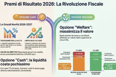 Opzione "Cash" per premi di produzione oltre 5.000 euro: tassazione agevolata all'1%. Il welfare offre un valore netto superiore.