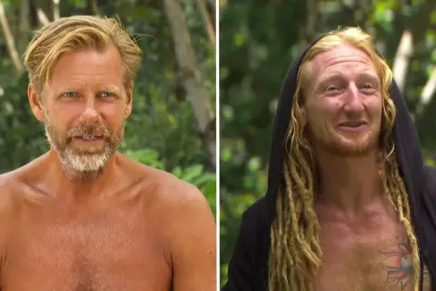 Två män, en med blont hår och skägg, den andra med dreadlocks och en svart huva. Kanske Mattias Pettersson och en vän på äventyr.