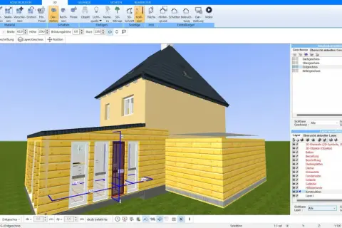 3D-Modell eines Hauses mit Anbau. Der umbaute Raum im Dachgeschoss ist sichtbar.