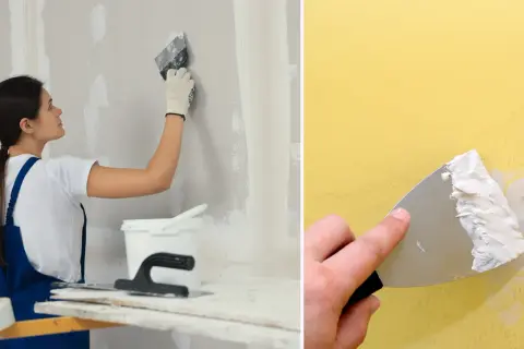 En person spacklar skarvar på en vägg. En annan bild visar en hand som spacklar en gul vägg.