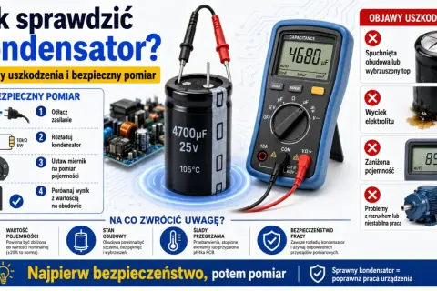 Uszkodzony kondensator rozruchowy objawy: spuchnięta obudowa, wyciek elektrolitu, zaniżona pojemność. Sprawdź go miernikiem.