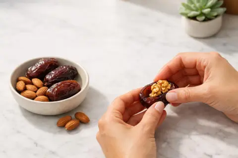 Mani che preparano datteri ripieni di noci. Un snack salutare con un basso indice glicemico, ideale per uno spuntino energetico.