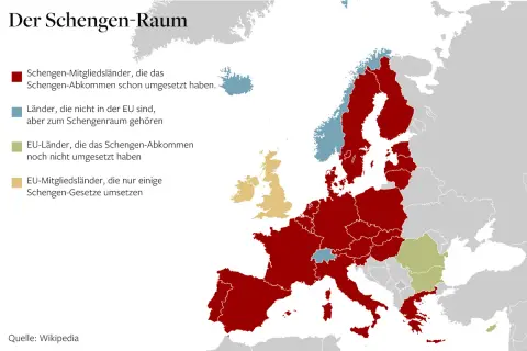 Karte des Schengen-Raums: Rote Länder haben das Abkommen umgesetzt, blaue Länder gehören dazu, aber nicht zur EU. Gelbe Länder setzen nur Teile um.