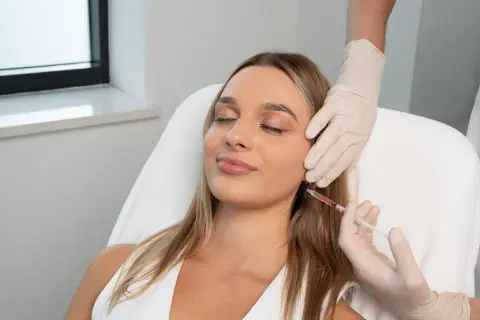 Kobieta poddawana zabiegowi z użyciem strzykawki, część kuracji anti aging.