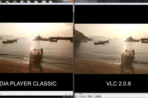 Side-by-side comparison of a sunset beach scene playing on Media Player Classic and VLC 2.0.8.