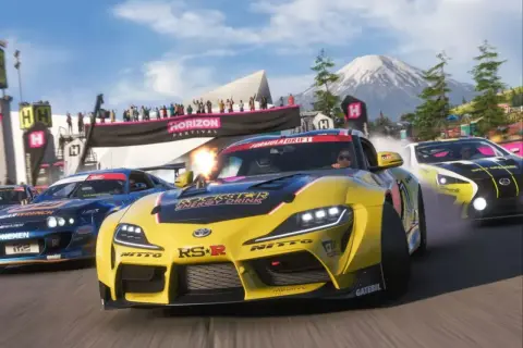 Wyścigowe samochody na festiwalu Horizon. Zastanawiasz się, ile waży Forza Horizon 5? To gra, która waży sporo gigabajtów, ale dostarcza niezliczone godziny zabawy!