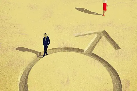 Facet w garniturze idzie ścieżką w kształcie symbolu Marsa, celując w kobietę. To ilustracja o tym, jak facet zdobywa kobietę.