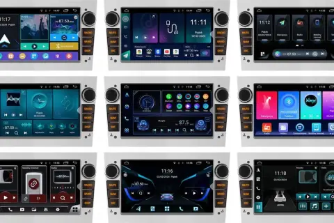 Ekran multimedialny do Opla Astry H z funkcją Bluetooth, pokazujący różne interfejsy: nawigację, muzykę, radio i aplikacje.