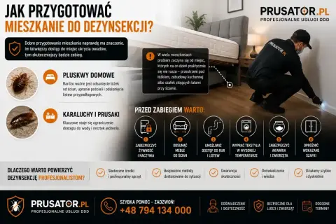 Pracownik firmy PRUSATOR.PL wykonuje dezynsekcję w mieszkaniu, przygotowując je do zabiegu. Na drodze krajowej 92 takie usługi są niezbędne.