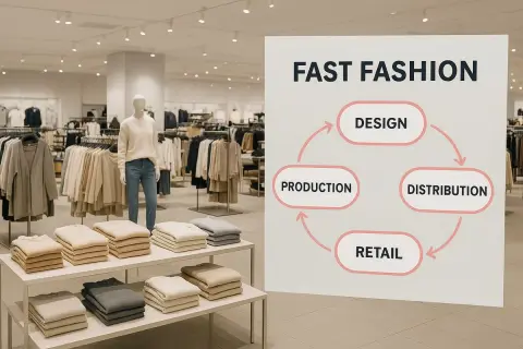 Schema von Fast Fashion: Design, Produktion, Distribution, Retail. Ein Kreislauf, der die Schnelllebigkeit der Branche zeigt, im Gegensatz zu Slow Fashion.