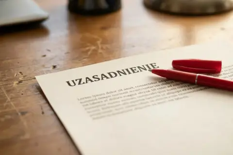 Czerwony długopis leży obok dokumentu z nagłówkiem "UZASADNIENIE", sugerując przygotowanie do wypowiedzenia umowy o pracę.