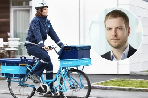 PostNord-cykelbud levererar post varannan dag. I en cirkel syns en man i kostym.