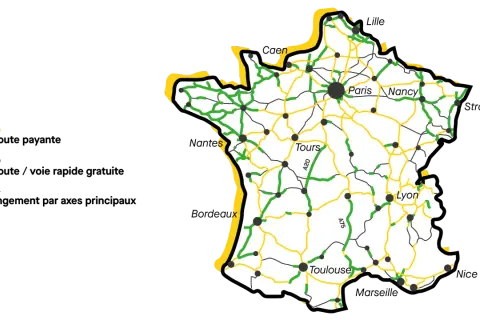 Carte de France montrant les autoroutes payantes (jaune) et l'autoroute sans péage (vert).