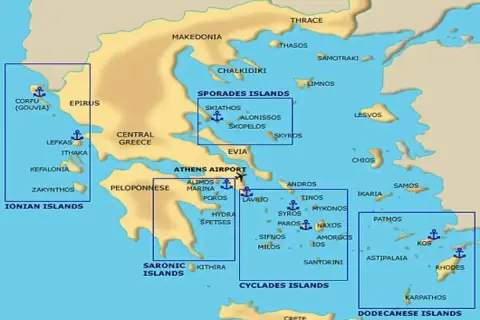 Mapa Grecji z zaznaczonymi archipelagami: Wyspy Jońskie, Sarońskie, Cyklady, Sporady, Dodekanez. Planujesz wakacje? Te wyspy w Grecji czekają!