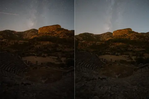Side-by-side comparison: zoom lens vs wide lens captures a starry night sky over ancient ruins. The wide lens shows more of the expansive landscape.