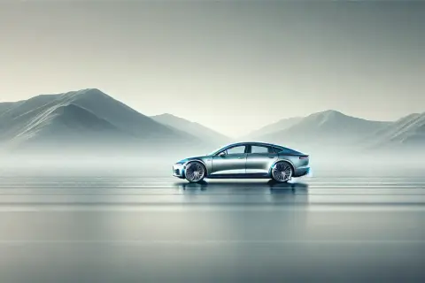 Silverfärgad elbil i futuristisk miljö med berg i bakgrunden. Tänk dig ett bra pris begagnad bil för denna dröm.