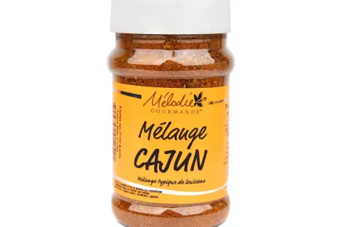 Bouteille de mélange d'épice cajun de la marque Mélodie Gourmande, typique de Louisiane.