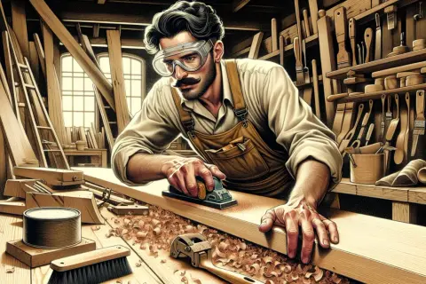 Falegname con occhiali protettivi usa una pialla per sverniciare mobile legno. Trucioli di legno ovunque, attrezzi appesi alle pareti.