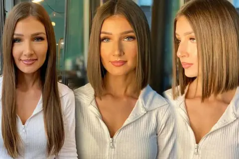 Trzy ujęcia tej samej kobiety z pięknymi, blond włosami. Na pierwszym widać ją z długimi, prostymi włosami, na kolejnych dwóch z modną, krótką fryzurą.