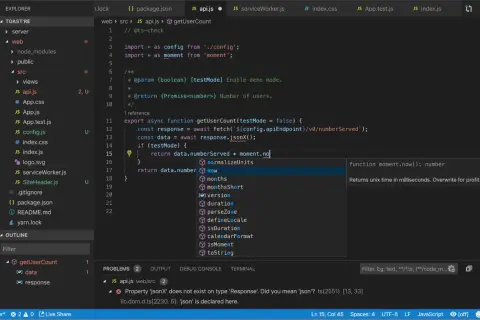 Kod JavaScript używa template literals do tworzenia URL, a podpowiedź sugeruje użycie `moment.now()` do pobrania aktualnego czasu.