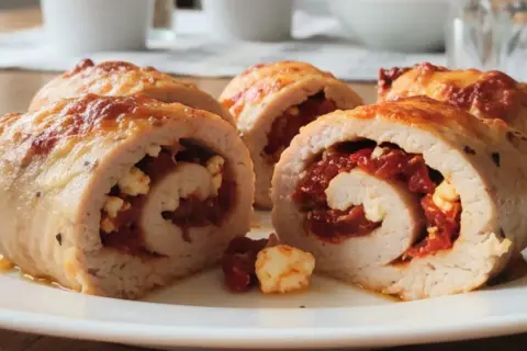 Roladki z indyka z serem feta i suszonymi pomidorami, zapieczone na złoto. Pyszne danie na obiad.