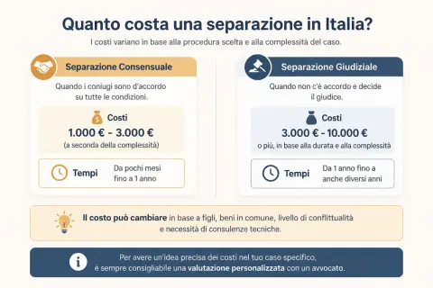 Separazione consensuale: 1.000-3.000€, pochi mesi-1 anno. Giudiziale: 3.000-10.000€+, 1 anno+. Costi variabili, valuta con avvocato.
